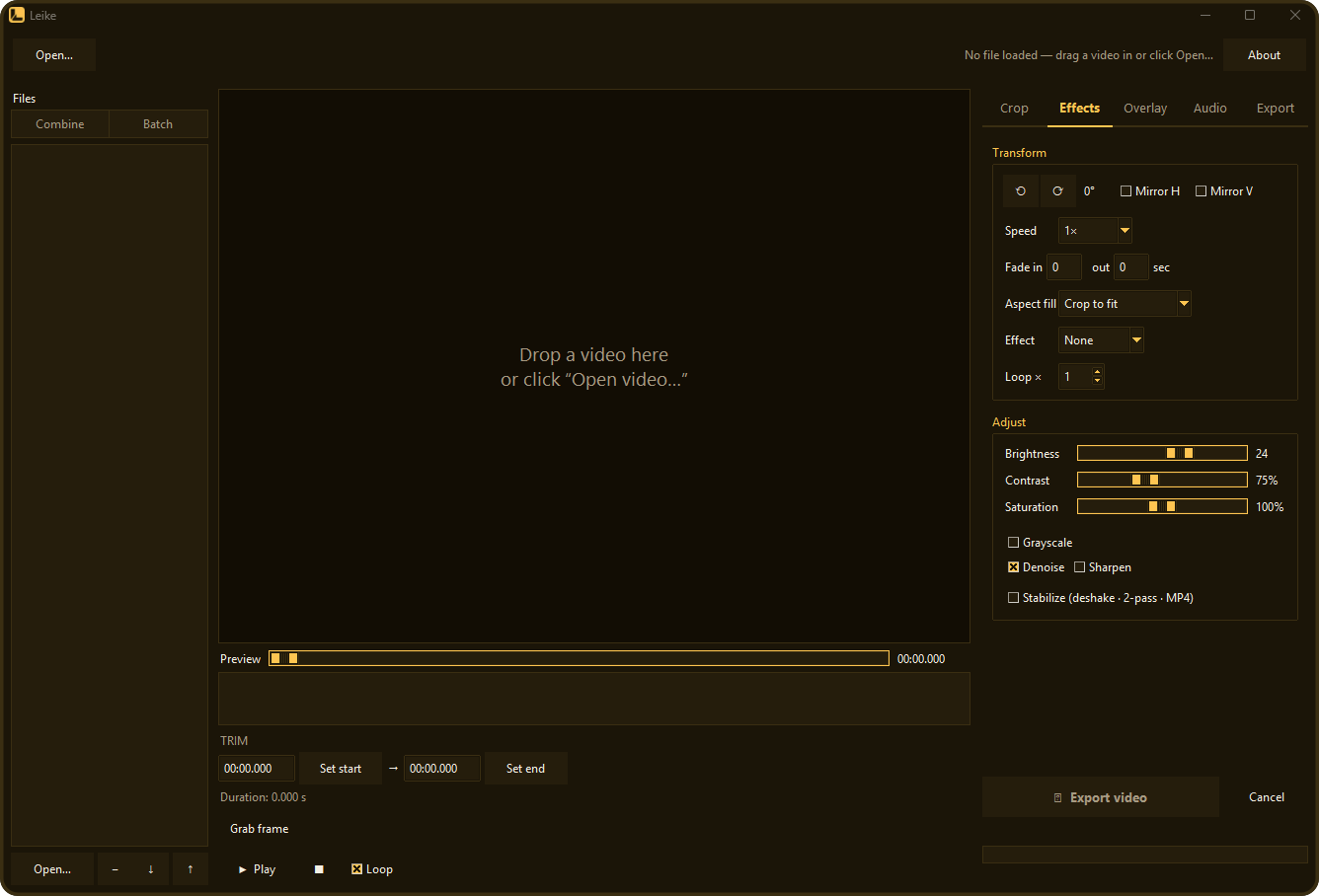 The Leike app: the file list with Combine and Batch on the left, the video preview, and the editing tabs